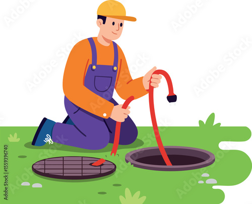 Man Servicing Drain with Hose Cleaning Sewer Maintenance Vector Illustration 