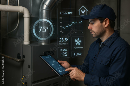 Technician monitors and controls a furnace system using a digital tablet, with temperature, flow, and running status displayed as augmented reality data overlays.