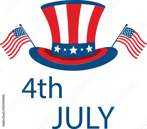 4th of July Patriotic Illustration – Uncle Sam Hat with American Flags and Bold Typography for Independence Day Celebrations and U.S. Holiday Designs