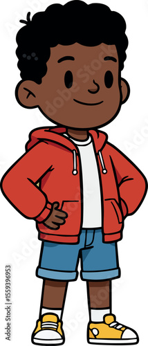 Confident boy wearing red hoodie and denim shorts standing with hands on hips vector illustration 