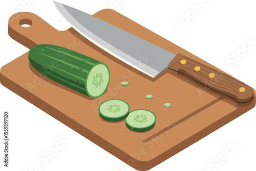 Cucumber Slices on Wooden Cutting Board with Kitchen Knife Vector Illustration 