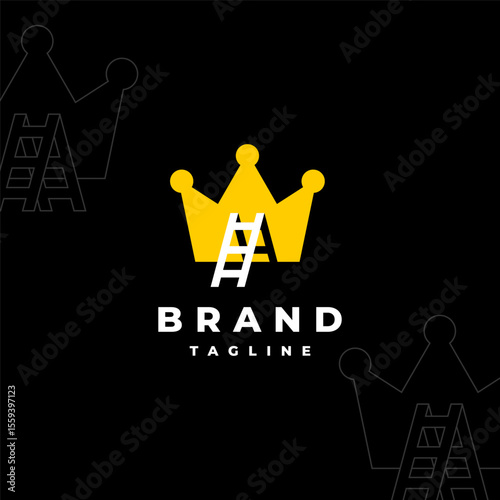 Simple Stairs to The King Logo Design. Stairs Standing On Crown Icon Logo Design.