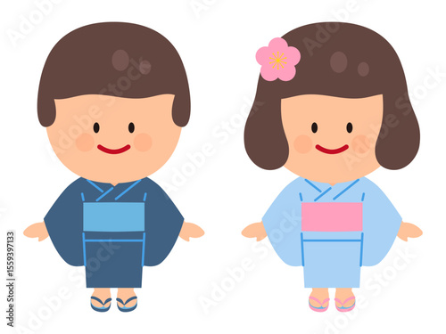 浴衣を着た人物イラストセット(茶髪)