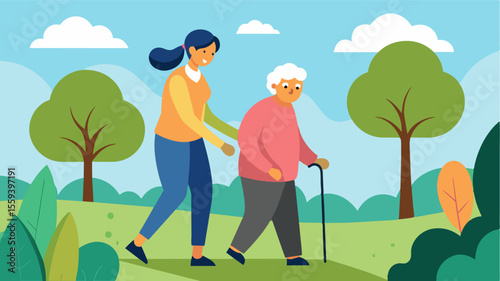 An adult child taking their elderly parent with dementia on a nature walk engaging their senses and promoting relaxation and stress reduction through exposure to nature.. Vector illustration