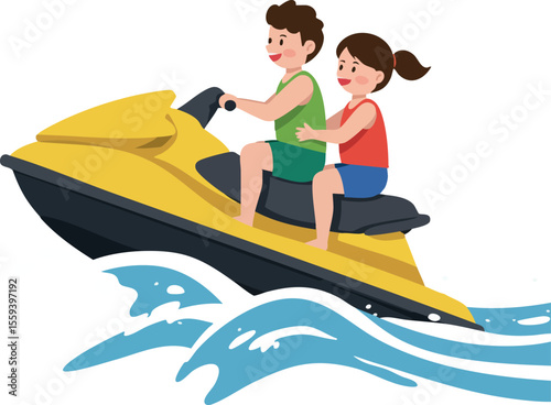 Children riding yellow jet ski on blue water waves vector illustration 