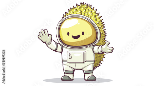 Friendly Durian Astronaut Cartoon Mascot Waving in Space Suit