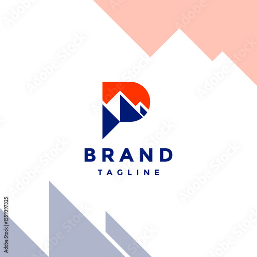 Letter P With Mountain Geometry Motif Logo Design. Simple Mountain Motif In Letter P Logo Design.