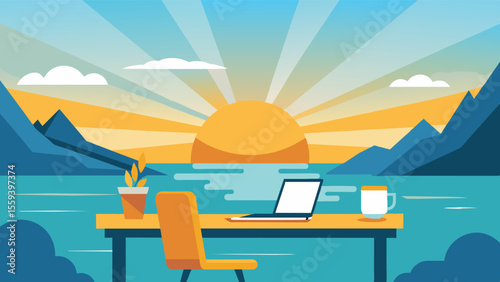 The rays of the morning sun shone upon the freelancers lakeside desk creating a warm and inviting workspace.. Vector illustration