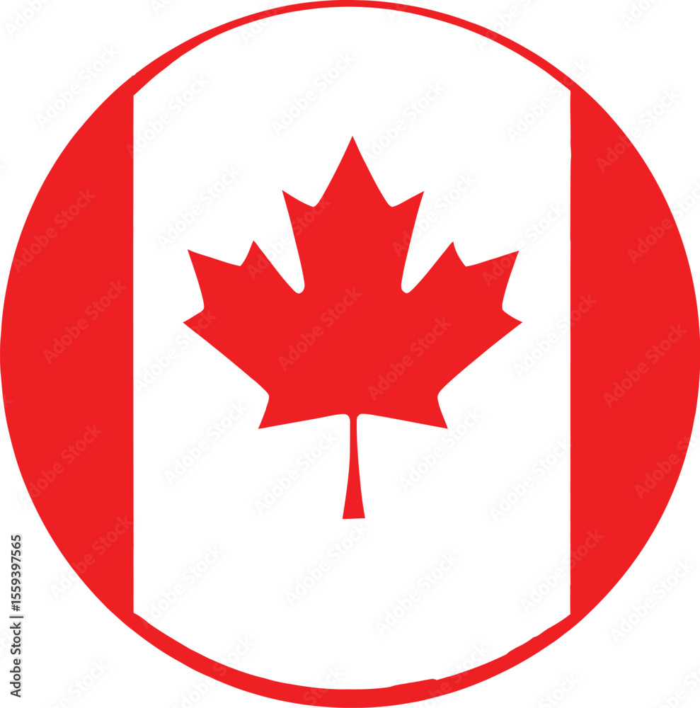 Obraz premium Circular Canadian Flag Icon – Red Maple Leaf with Vertical Bars in Round Frame for Canada Day, National Identity, and Patriotic Design Projects