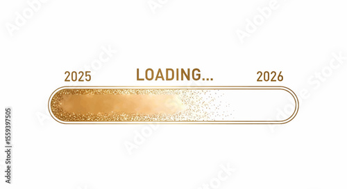 This high-quality vector graphic features a golden-brown glitter loading bar with "LOADING..." text and "2025" and "2026" years, emphasizing progress, transition, and sparkle.