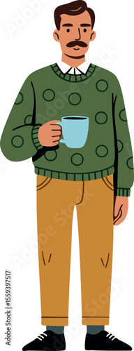 Man with mustache holding coffee cup in green sweater and brown pants vector illustration 