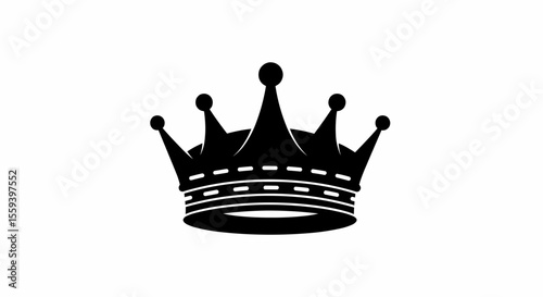 This high-quality EPS vector graphic features a minimalist black crown silhouette with a flat base, dashed lines, five pointed arches, and top circles, emphasizing royalty, success, and clean design.