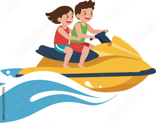 Children riding yellow jet ski on blue water splash vector illustration 