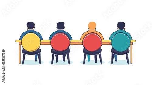 Professional Four Workers Sitting in Round Table Coworking Line Style