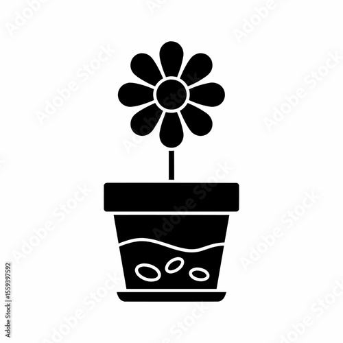 This high-quality vector graphic features a minimalist black outline potted flower with eight petals, a thin stem, and pebbles, emphasizing nature, growth, and clean design.