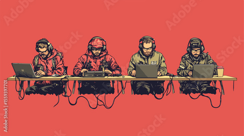 Professional Coworking Concept with Four Workers Using Laptops and Gear