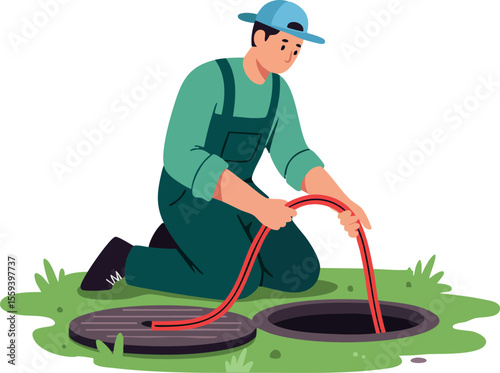 Male Worker Inspecting Sewer Pipe with Hose in Green Overalls and Blue Cap Vector Illustration 