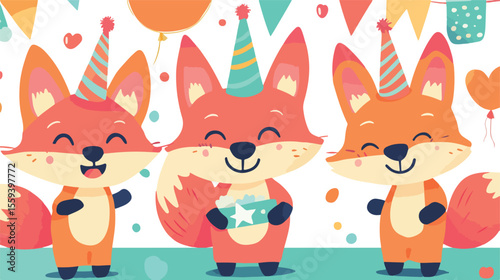Fox Animal Birthday Party Flat Vector Illustration