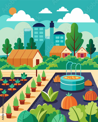 A community garden thrives next to a large treatment facility using the treated water to nourish the soil and grow fresh produce for the surrounding neighborhoods.. Vector illustration