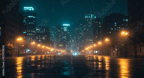 Fototapeta Naklejka Na Ścianę i Meble -  Gentle rain over a city skyline at night