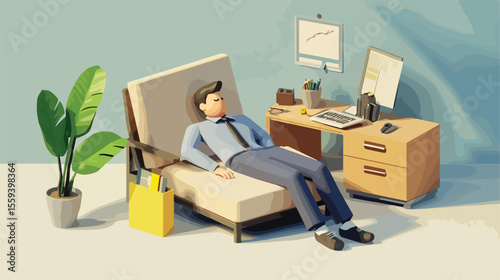 Tired Business Employee Sleeping at Work - Vector Illustration