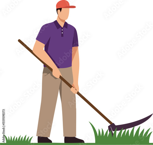 Man Raking Grass Wearing Red Cap and Purple Shirt Outdoor Lawn Care Vector Illustration 