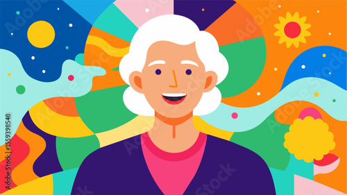 An elderly person living with dementia smiling with pride as they present a colorful collage they created in an art therapy session. Through the use of bright colors and varied. Vector illustration