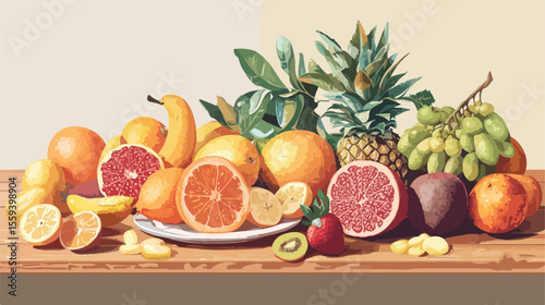 Fresh and Vibrant Healthy Fruits on Wooden Background
