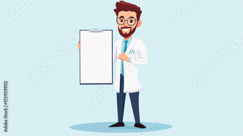 Friendly Scientist Presenting with Blank Presentation Board