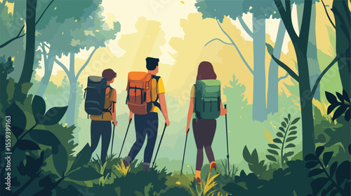 Friends Hiking in the Forest - Flat Vector Illustration
