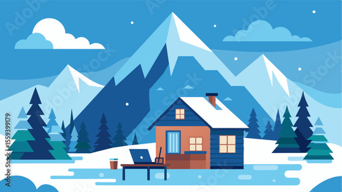 The simplicity and serenity of a snowy cabin providing an ideal environment for remote work productivity.. Vector illustration