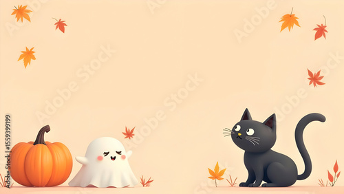 Cartoon Halloween Scene with Pumpkin, Ghost, and Black Cat