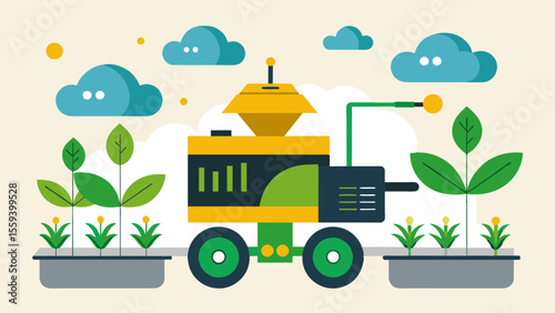 An AIpowered seeding machine uses data from soil samples and weather forecasts to determine the most efficient and effective seed placement for each crop.. Vector illustration