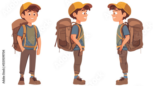 Cheerful Backpacker Boy Posing on White Background