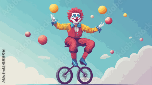Colorful Funny Clown Juggling Balls on Unicycle