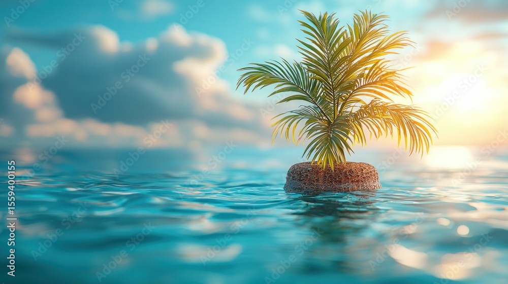 Obraz premium Small palm tree on a rock in a calm ocean at sunrise