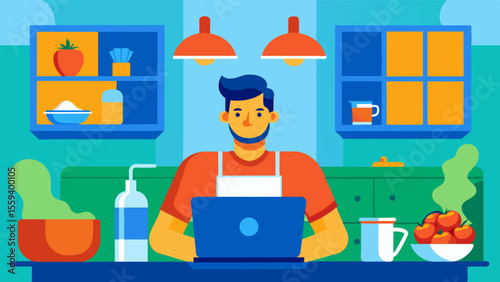 The vibrant colors of a Mediterranean kitchen create an inspiring environment for a remote worker. With a laptop on the counter and a pot of aromatic tomato sauce simmering on the. Vector illustration