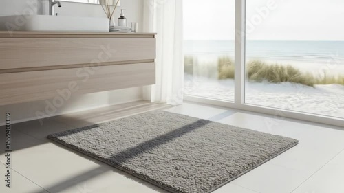 Bathroom interior vanity white floor a gray bath mat and a beach view
