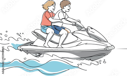 Children riding jet ski on water waves summer leisure activity vector illustration 