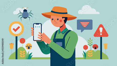 An image of a farmer receiving realtime notifications on his smarch indicating that pest levels in his fields have exceeded the threshold and immediate action is required.. Vector illustration