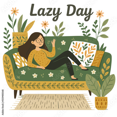 Lazy Day – Girl Relaxing on Couch with Plants, Cozy Illustration