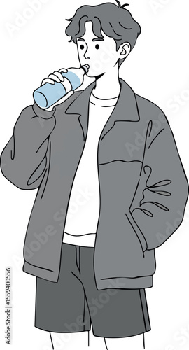 Young man drinking water bottle casual outfit gray and white vector illustration 