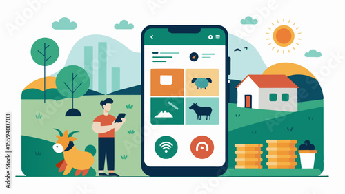 An illustration showing a mobile app that allows farmers to remotely monitor and adjust the feed levels for their animals saving time and resources.. Vector illustration