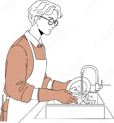 Woman washing dishes in kitchen with brown sweater and apron vector illustration
