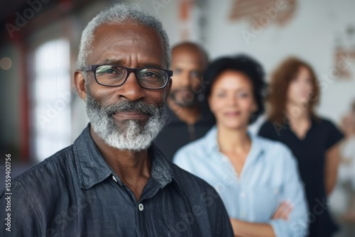 Portrait of a senior African American businessman with his colleagues in the background