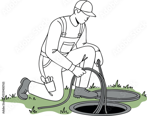 Worker in overalls cleaning or inspecting sewer manhole with hose vector illustration 