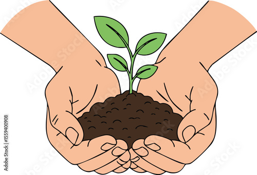 Hands Holding Small Green Plant with Soil Eco Friendly Growth Concept Illustration 