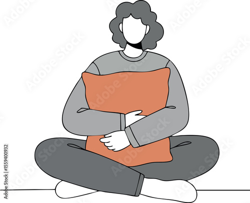 Person sitting cross legged hugging orange pillow in calm relaxed pose vector illustration 
