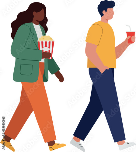 People walking with popcorn and drink in casual clothes vector illustration 