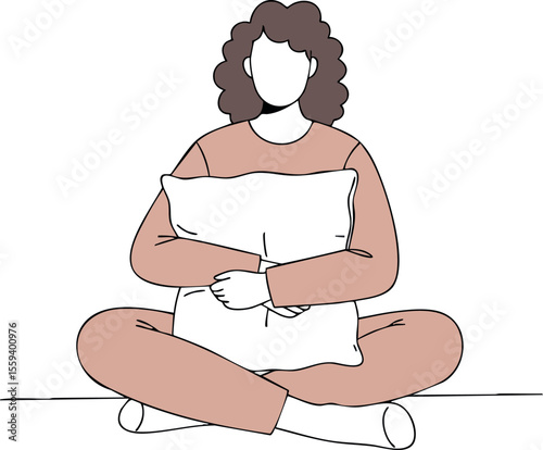 Woman sitting cross legged hugging white pillow in calm relaxed pose vector illustration 